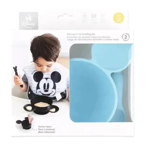 Bumkins - Conjunto de alimentação de silicone com sucção para bebês e crianças pequenas, Mickey Mouse Azul Claro