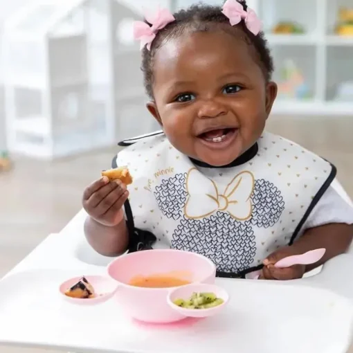 Bumkins - Conjunto de alimentação de silicone com sucção para bebês e crianças pequenas, Minnie Mouse rosa claro