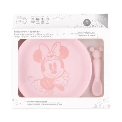 Bumkins - Conjunto de prato e colher de silicone para bebês e crianças da Disney, 6 meses depois, Minnie Mouse