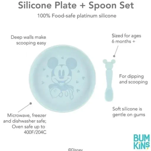 Bumkins - Conjunto de prato e colher de silicone para bebês e crianças da Disney, 6 meses antes, Mickey Mouse
