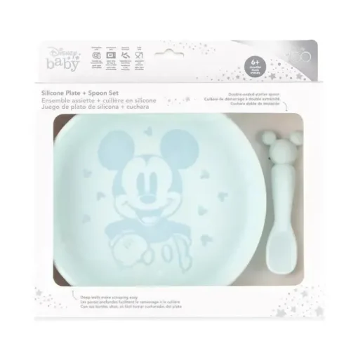Bumkins - Conjunto de prato e colher de silicone para bebês e crianças da Disney, 6 meses antes, Mickey Mouse