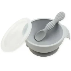 Bumkins - Primeiro conjunto de alimentação de silicone com tampa e colher, cinza