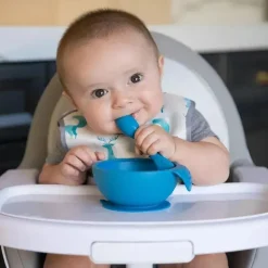 Bumkins - Primeiro conjunto de alimentação de silicone com tampa e colher, cinza