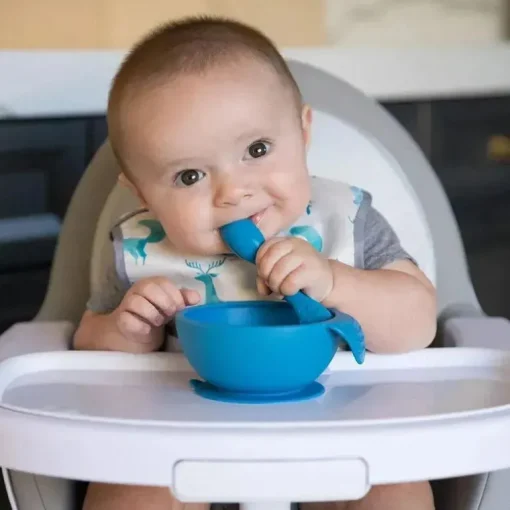 Bumkins - Primeiro conjunto de alimentação de silicone com tampa e colher, cinza