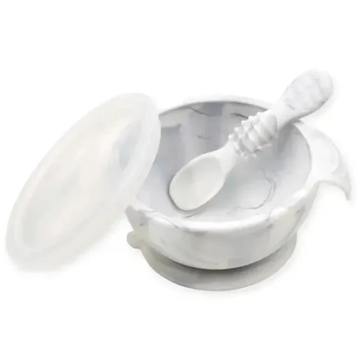 Bumkins silicone primeiro conjunto de alimentação com tampa e colher, mármore