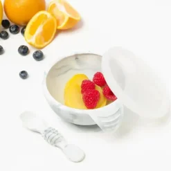 Bumkins silicone primeiro conjunto de alimentação com tampa e colher, mármore