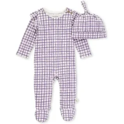 Burts Bees – Conjunto de macacão Micro Gingham e cartola com nó, Dawn