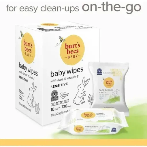Burt's Bees - Lenços umedecidos naturais sem cheiro para pele sensível, 72 lenços umedecidos com 10 unidades