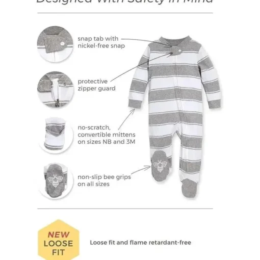 Burts Bees - Pijama Honey Bee Orgânico para dormir e brincar para bebês, cinza urze