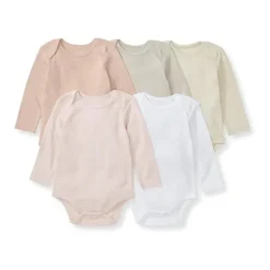Burts Bees - 5Pk Baby Girl Solid Long Sleeve Bodysuits, Pink Sand