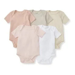 Burts Bees - 5Pk Baby Girl Solid Short Sleeve Bodysuits, Pink Sand