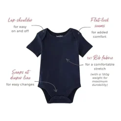 Burts Bees - 3Pk Baby Unisex Organic Solid Short Sleeve Bodysuits, Midnight