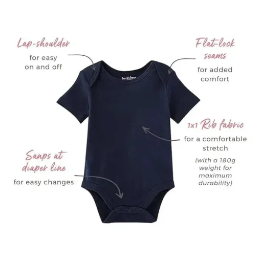 Burts Bees - 3Pk Baby Unisex Organic Solid Short Sleeve Bodysuits, Midnight
