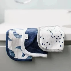 Burts Bees - 3Pk Hello Moon! Panos de banho para bebês, azul índigo