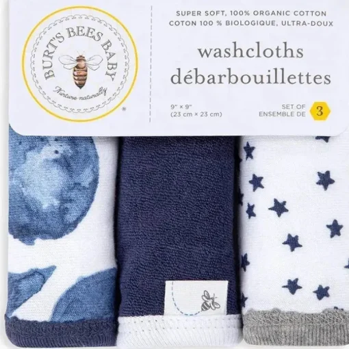 Burts Bees - 3Pk Hello Moon! Panos de banho para bebês, azul índigo