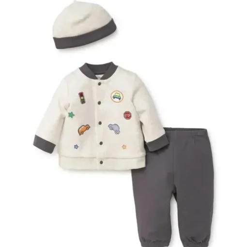 Cardigan Little Me Car Patch com Chapéu Conjunto Cinza