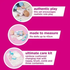 Casdon - Kit de cuidados definitivos para bonecas com trocador almofadado arco-íris, fralda, escova, pente e recipientes - maiores de 3 anos