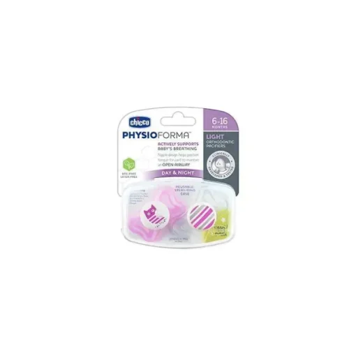 Chicco - Chupeta Ortodôntica 2 Pk Physioforma Light Day &amp; Night Rosa, 6/16M