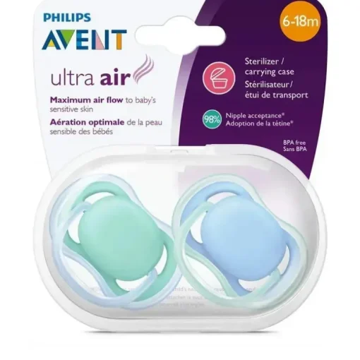 Chupeta Avent - 2Pk Ultra Air, 6/18M, Azul/Verde