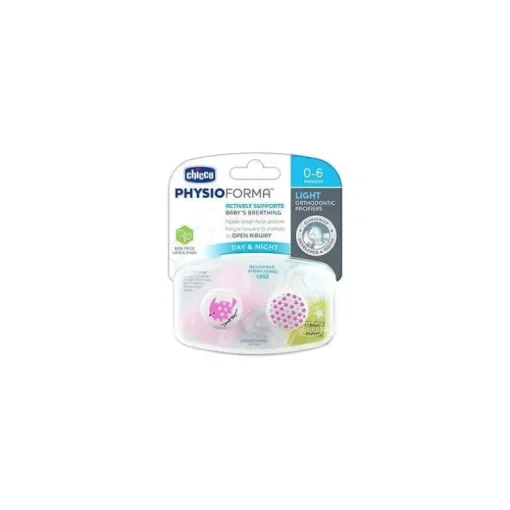 Chupeta Ortodôntica Chicco - 2 Pk Physioforma Light Day &amp; Night Rosa, 0/6M