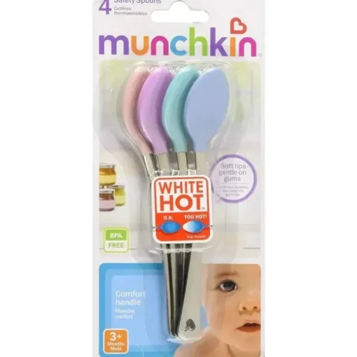 Colheres de segurança quentes brancas Munchkin, pacote com 4
