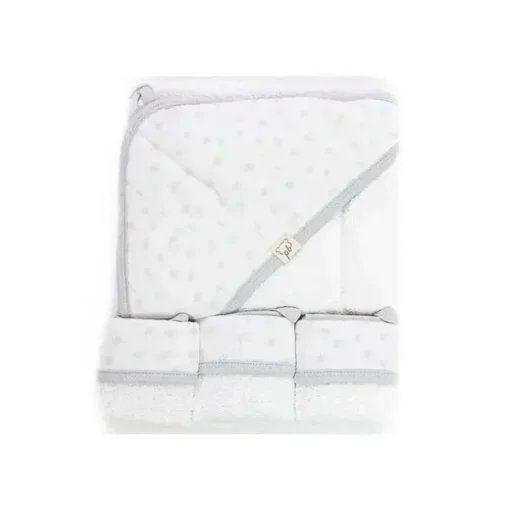 Conjunto de toalha de bebê com capuz e 3 toalhinhas de bebê Piccolo Bambino cinza pontilhada