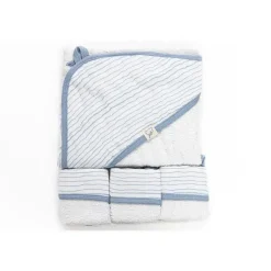 Conjunto de toalha de bebê com capuz e 3 toalhinhas de bebê Piccolo Bambino listrado azul