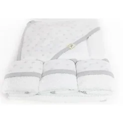 Conjunto de toalha de bebê com capuz e 3 toalhinhas de bebê Piccolo Bambino cinza pontilhada