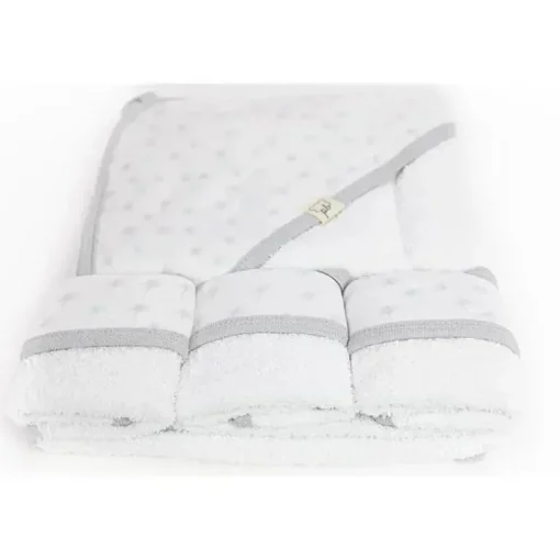 Conjunto de toalha de bebê com capuz e 3 toalhinhas de bebê Piccolo Bambino cinza pontilhada