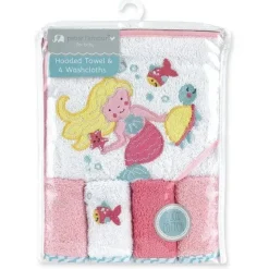 Conjunto de toalha e toalhinha de algodão rosa cinza com capuz (sereia)