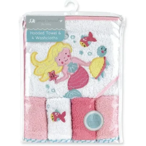 Conjunto de toalha e toalhinha de algodão rosa cinza com capuz (sereia)