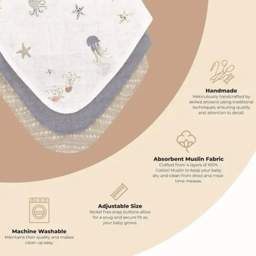 Crane Bedding - Cove 3-Pc. Muslin Bib Set, Ocean Life