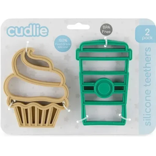 Cudlie - 2 unidades de mordedor de silicone de grau alimentício, café e muffin