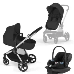 Cybex - EOS Travel System, carrinho + cadeirinha infantil Aton G Moon Black (moldura prateada)