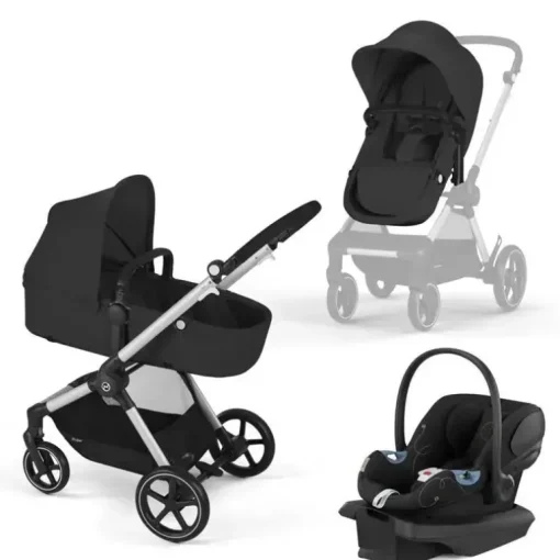 Cybex - EOS Travel System, carrinho + cadeirinha infantil Aton G Moon Black (moldura prateada)