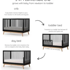Dadada - Baby Soho 3-in-1 Convertible Wooden Crib to Toddler Bed, Black/Natural