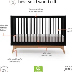 Dadada - Baby Soho 3-in-1 Convertible Wooden Crib to Toddler Bed, Black/Natural
