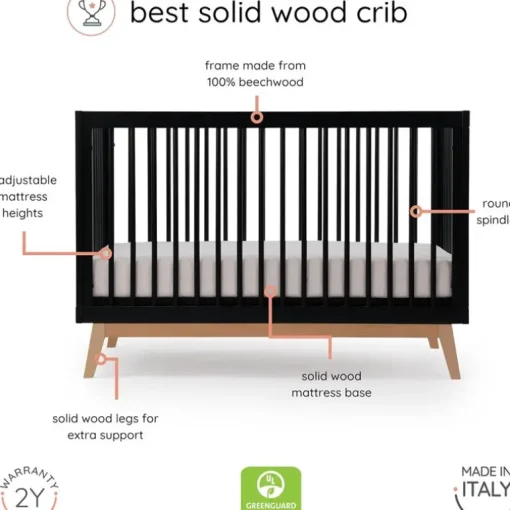 Dadada - Baby Soho 3-in-1 Convertible Wooden Crib to Toddler Bed, Black/Natural