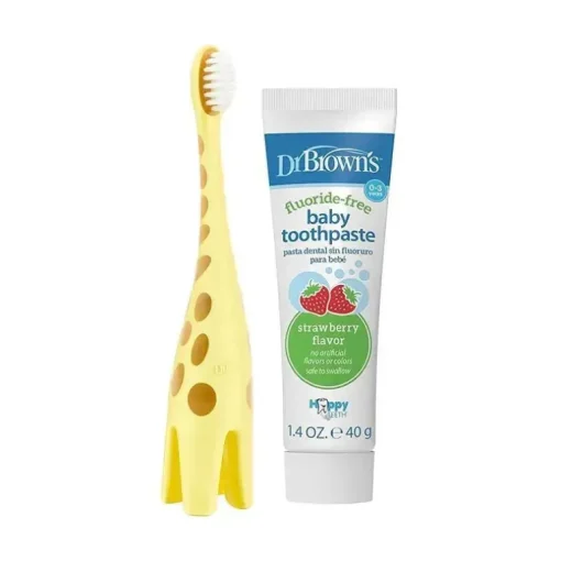 Dr. Brown - Conjunto de escova de dentes de treinamento com creme dental sem flúor de morango