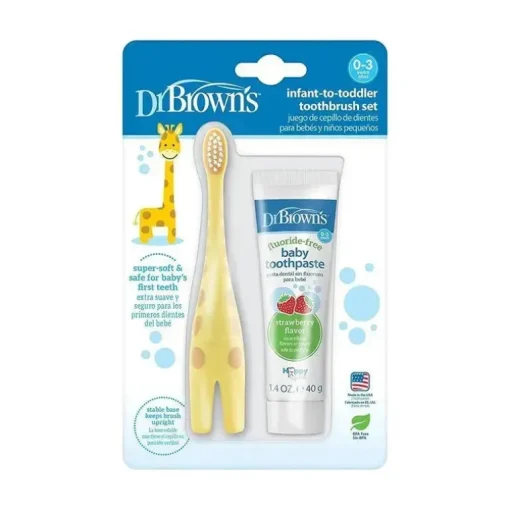 Dr. Brown - Conjunto de escova de dentes de treinamento com creme dental sem flúor de morango