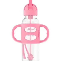 Dr. Brown's - Garrafas estreitas de canudo de 8 oz com alças de silicone, rosa