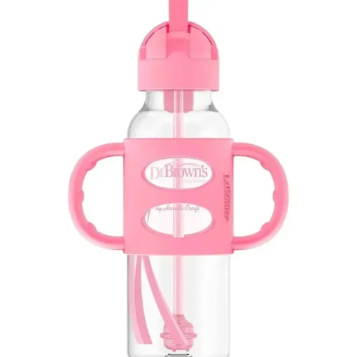 Dr. Brown's - Garrafas estreitas de canudo de 8 oz com alças de silicone, rosa