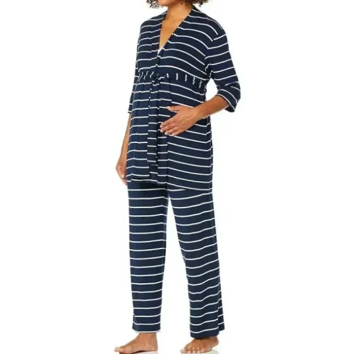 Everly Grey – Conjunto de calça PJ de maternidade e amamentação para mamãe e bebê, listra azul marinho, pequeno