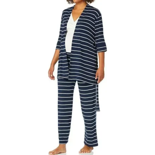 Everly Grey – Conjunto de calça PJ de maternidade e amamentação para mamãe e bebê, listra azul marinho, pequeno