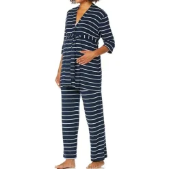 Everly Grey – Conjunto de calça PJ de maternidade e amamentação para mamãe e bebê, listra azul marinho, grande
