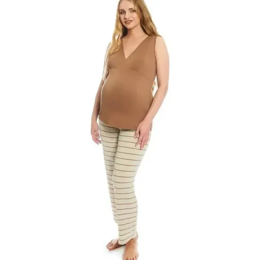 Everly Grey – Conjunto de calça PJ de maternidade e amamentação para mamãe e bebê, listra Mocha, pequeno