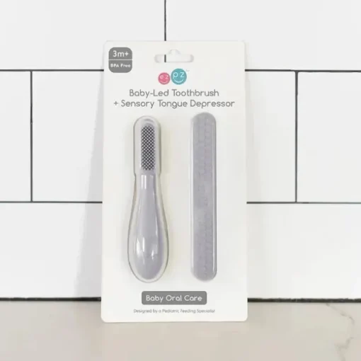 Ezpz - Escova de dentes Baby-Led™ + Depressor de língua sensorial, pacote duplo, estanho