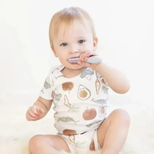 Ezpz - Escova de dentes Baby-Led™ + Depressor de língua sensorial, pacote duplo, estanho