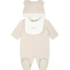 Fendi Baby - Babador Footie Hat com gráfico de urso no bolso, bege
