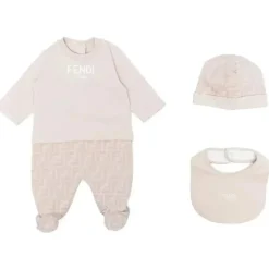 Fendi Baby - Chapéu e babador Footie com Ff desbotado bege